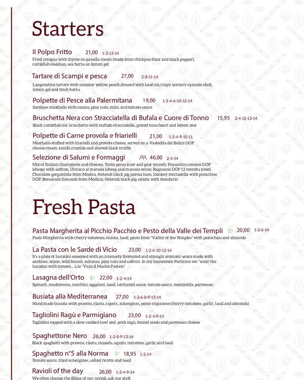 The first page of the menu at Vicio Il Mastro Pastaio