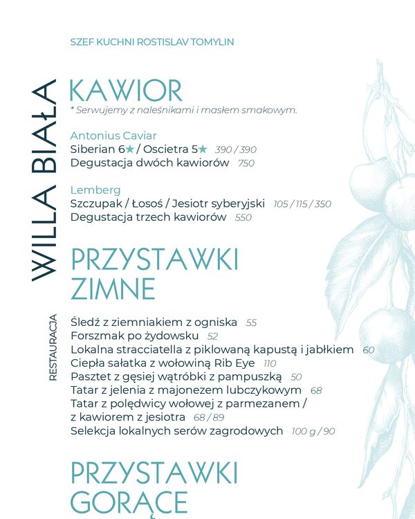 The first page of the menu at Willa Biała