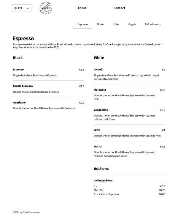 The top of the menu at Café Passaporte