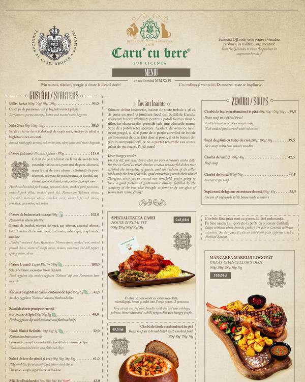 The first page of the menu at Caru' cu bere