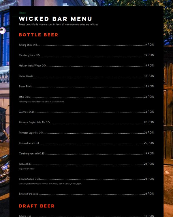 The top of the menu at Wicked Bar