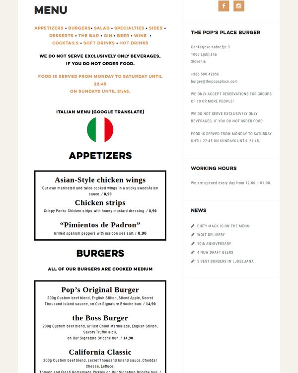 The top of the menu at Pop's Place