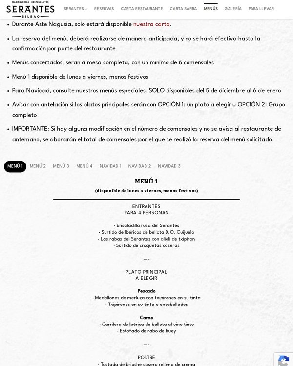 The top of the menu at Serantes III