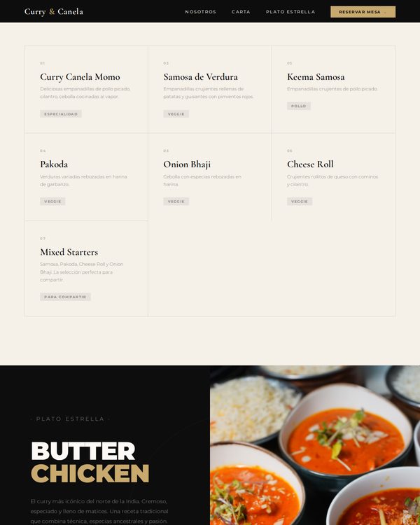 The top of the menu at Curry y Canela