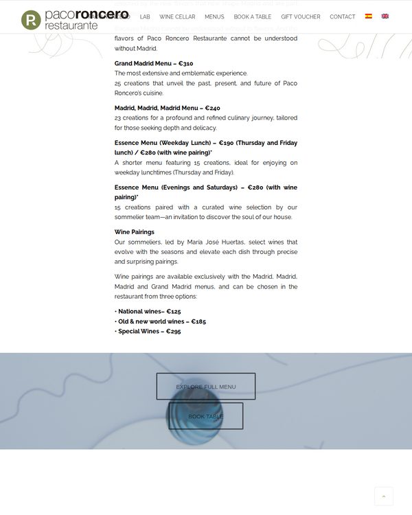 The top of the menu at Paco Roncero Restaurante