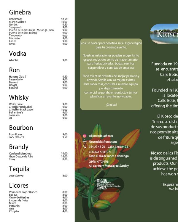 The first page of the menu at Kiosco de las Flores
