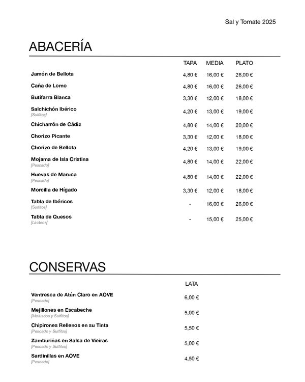 The first page of the menu at Sal y Tomate