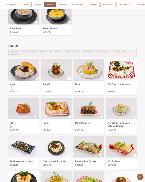 The top of the menu at Antalya Balıkevi