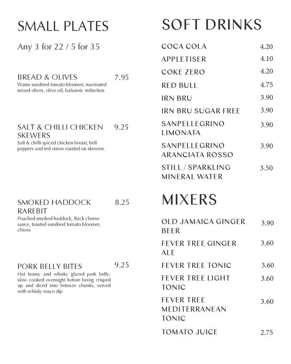 The first page of the menu at Jackson the Tailor