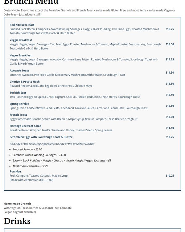 The top of the menu at Red Kite Café
