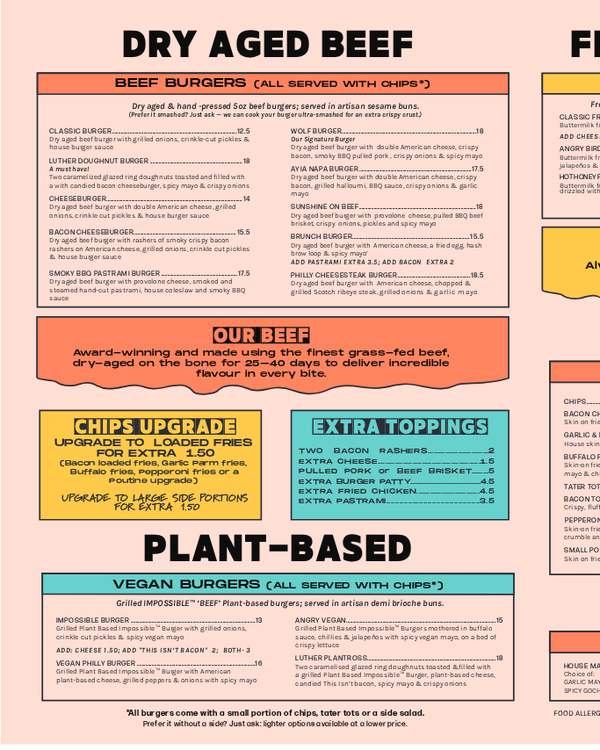 The first page of the menu at Bread Meats Bread