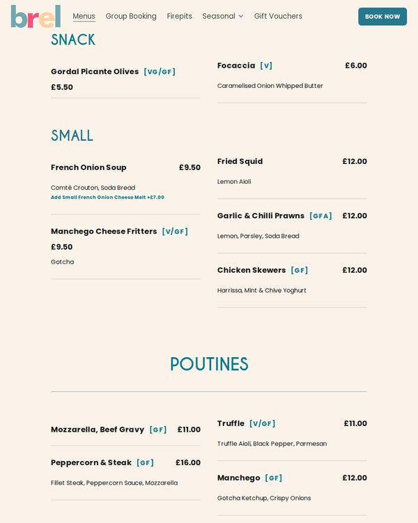 The top of the menu at Brel