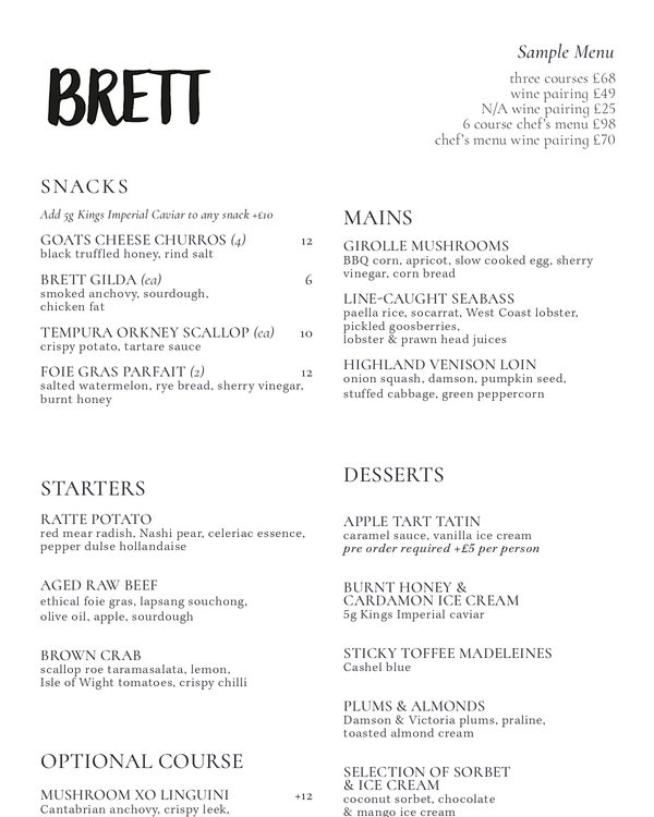 The first page of the menu at Brett
