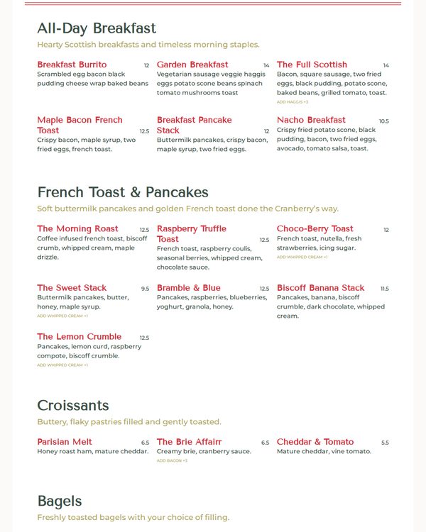 The top of the menu at Cranberry's