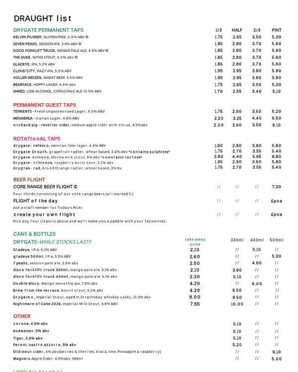 The first page of the menu at Drygate Brewing Co