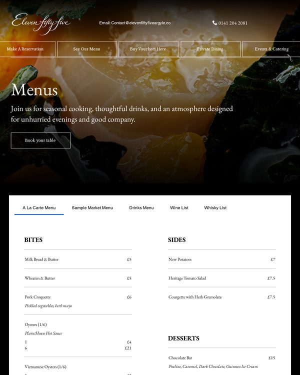 The top of the menu at Eleven Fifty Five
