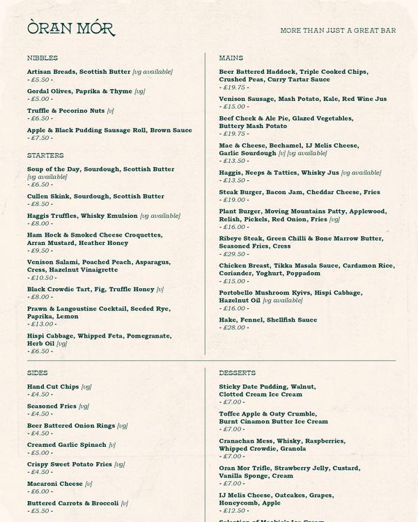 The first page of the menu at Òran Mór