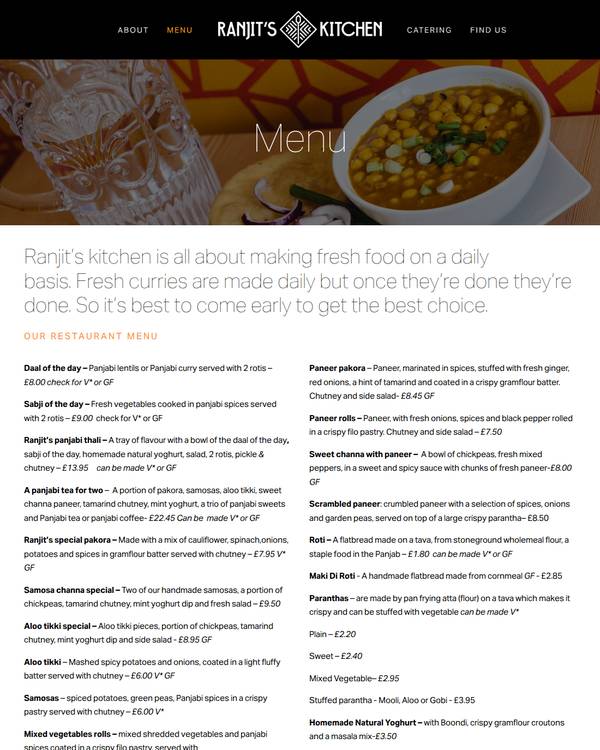 The top of the menu at Ranjit's Kitchen