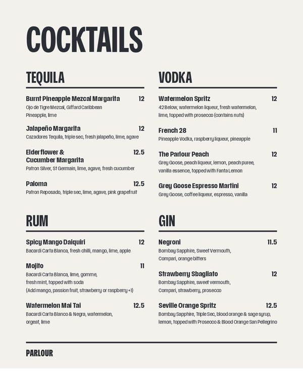 The first page of the menu at The Parlour