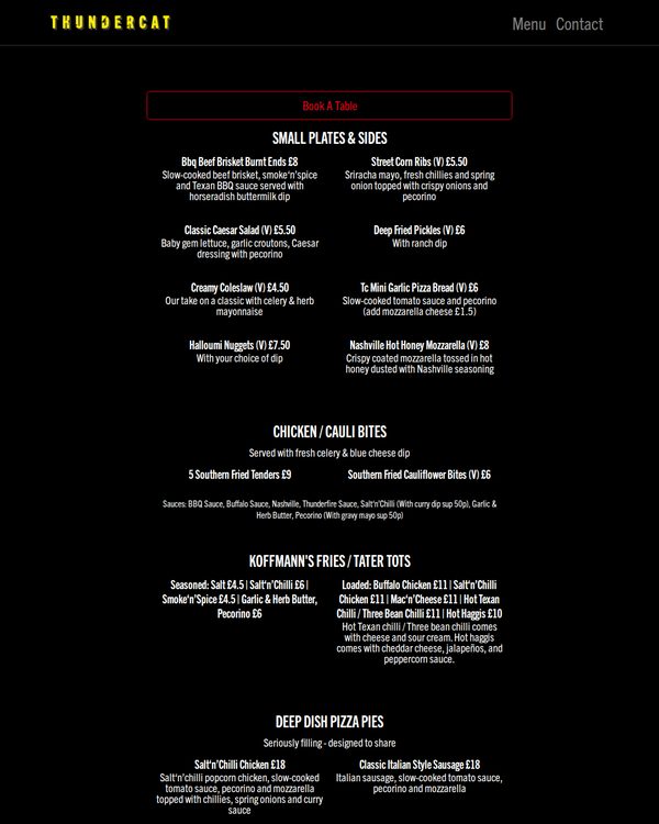 The top of the menu at Thundercat Pub and Diner