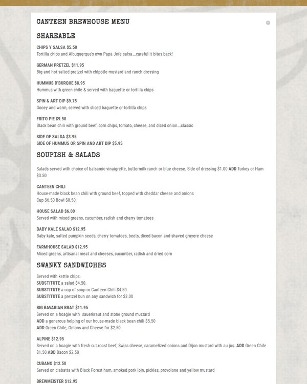 The top of the menu at Canteen Taproom