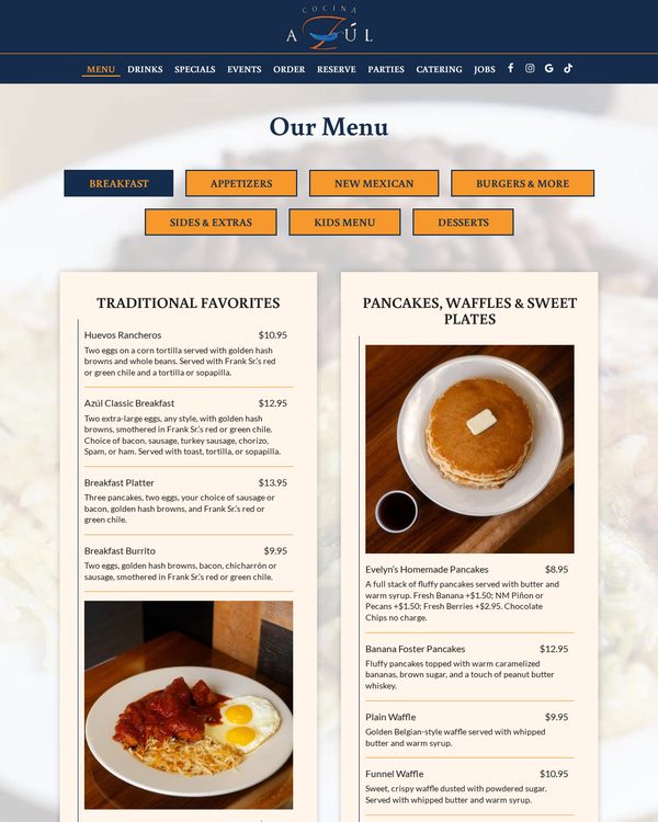 The top of the menu at Cocina Azul