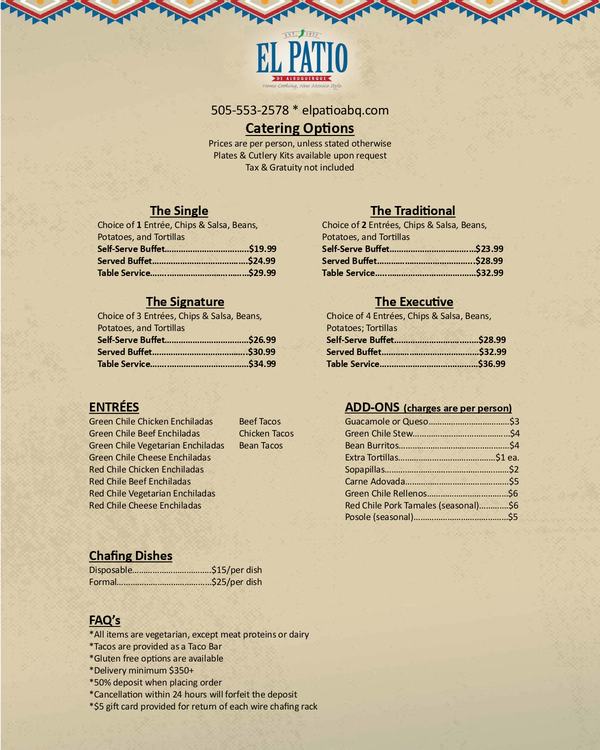The first page of the menu at El Patio de Albuquerque