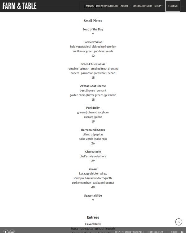 The top of the menu at Farm and Table