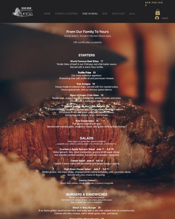 The top of the menu at High Noon Restaurant and Saloon