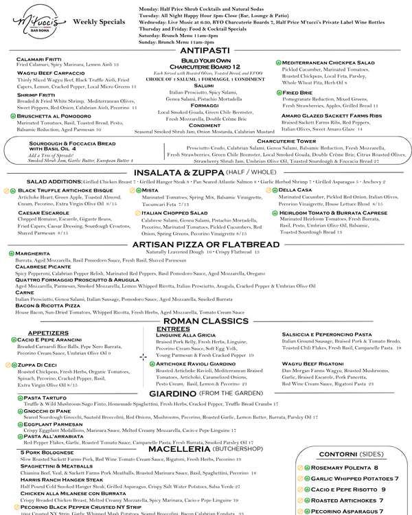 The first page of the menu at M'Tucci's Italian