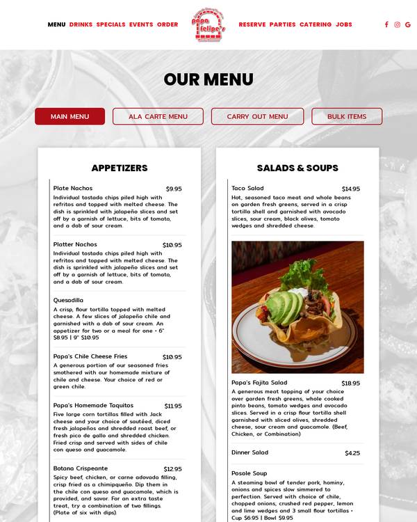 The top of the menu at Papa Felipe's Mexican Restaurant