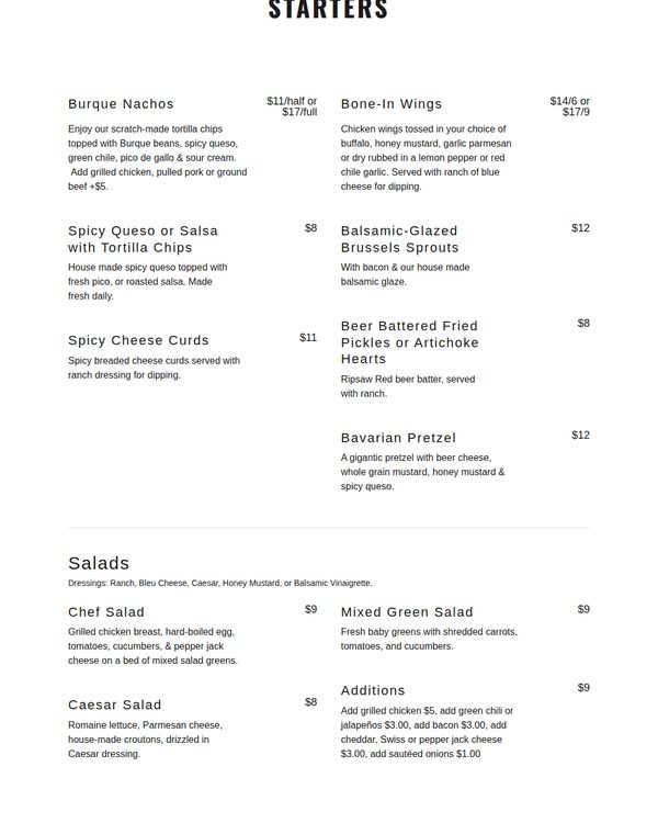 The top of the menu at Ponderosa Brewing