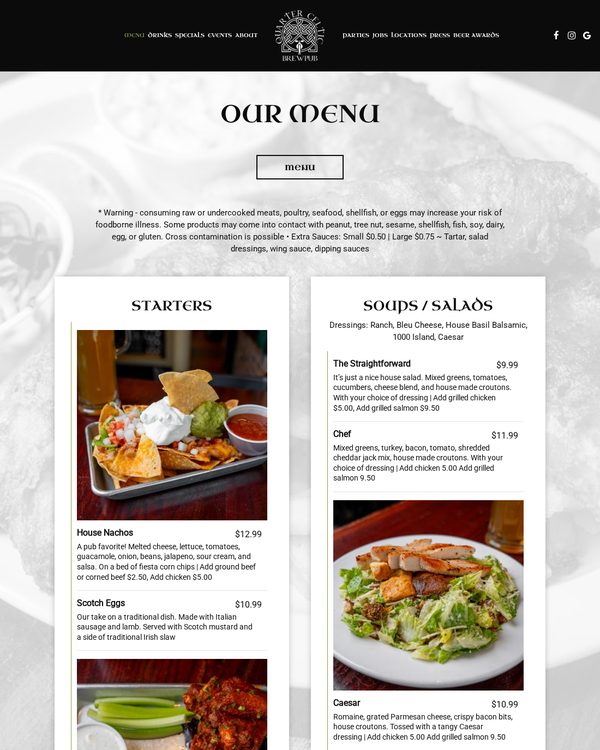 The top of the menu at Quarter Celtic Brewpub