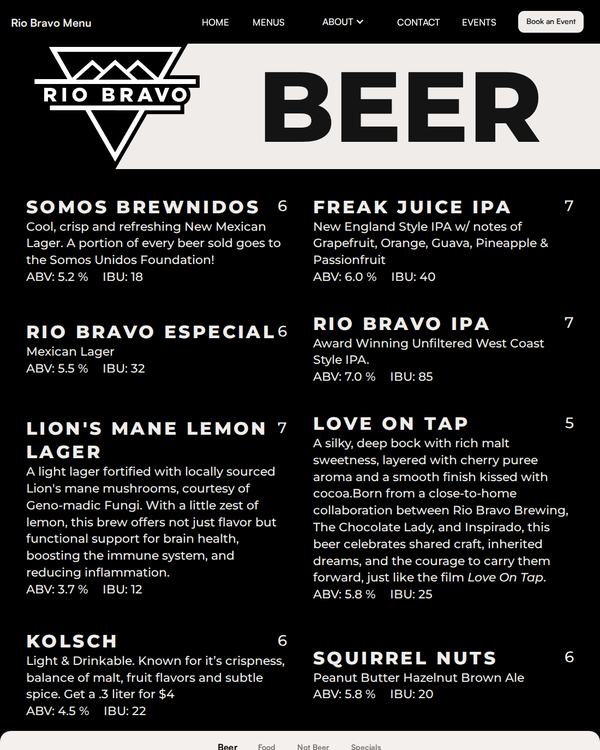 The top of the menu at Rio Bravo Brewing Company