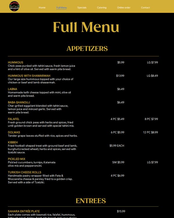 The top of the menu at Sahara Middle Eastern Eatery