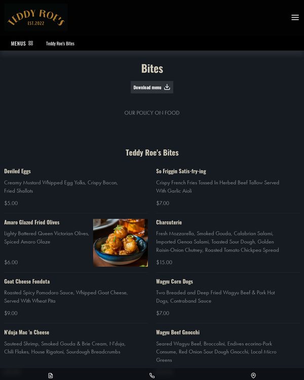 The top of the menu at Teddy Roe's