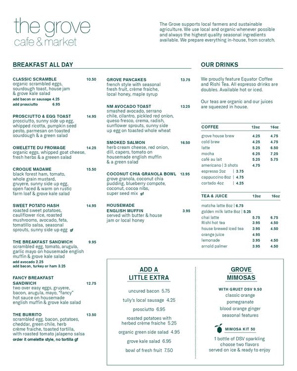 The first page of the menu at The Grove Cafe and Market