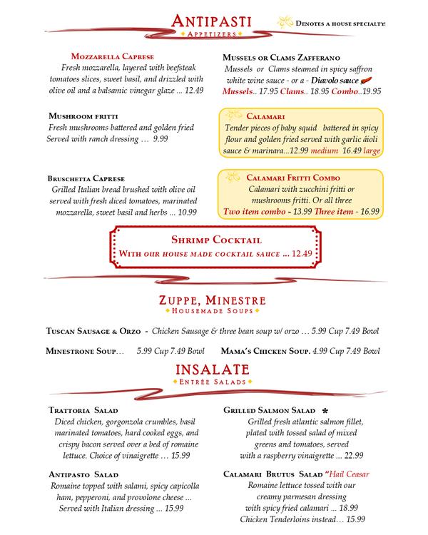 The first page of the menu at Trombino's Bistro Italiano