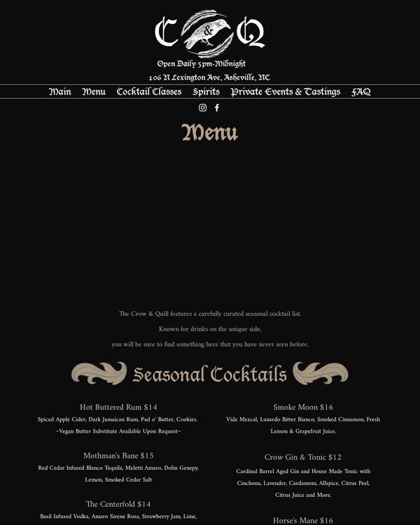 The top of the menu at The Crow and Quill