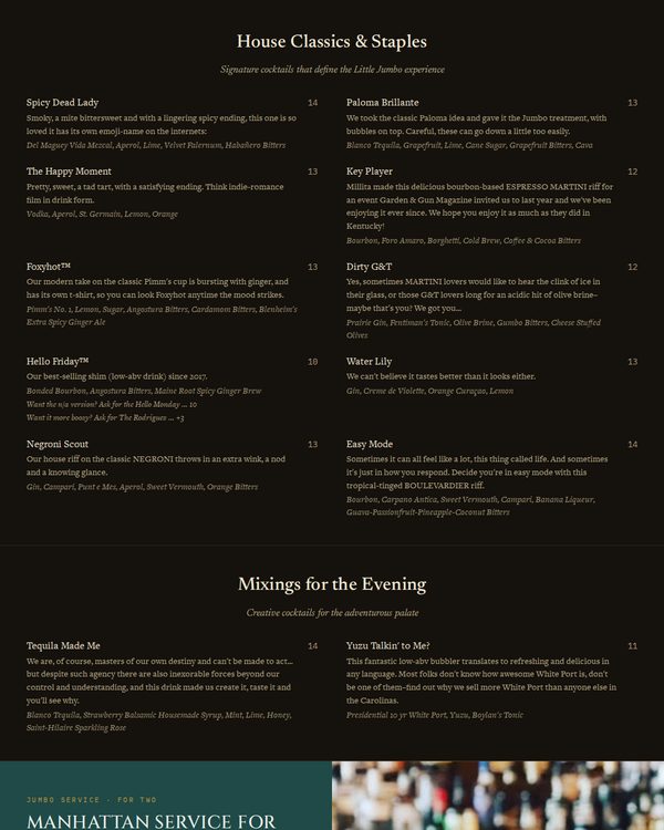 The top of the menu at Little Jumbo