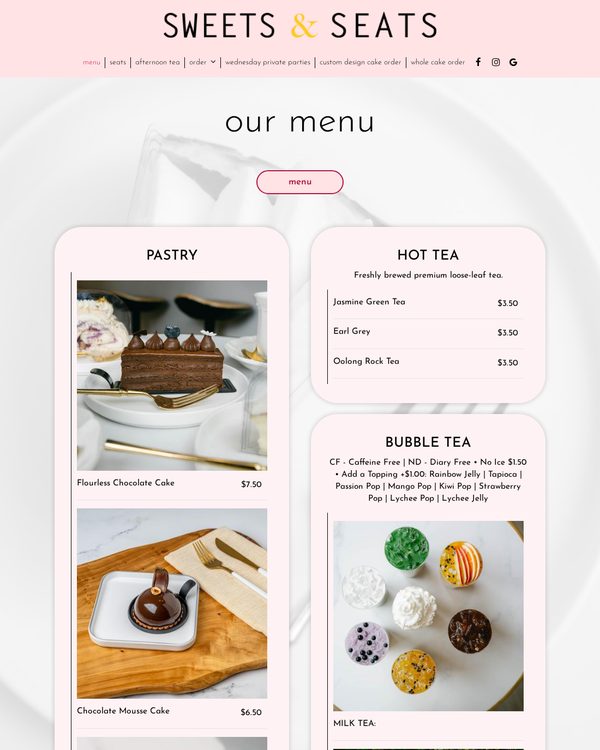 The top of the menu at Sweets and Seats
