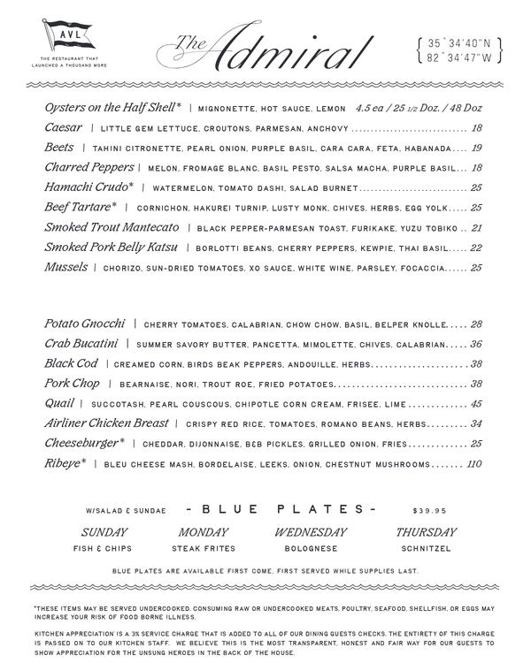 The first page of the menu at The Admiral