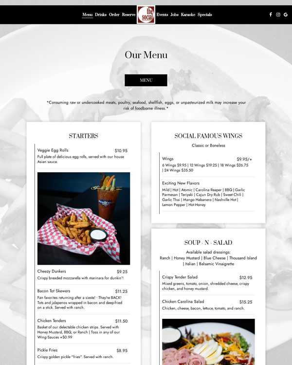 The top of the menu at The Social