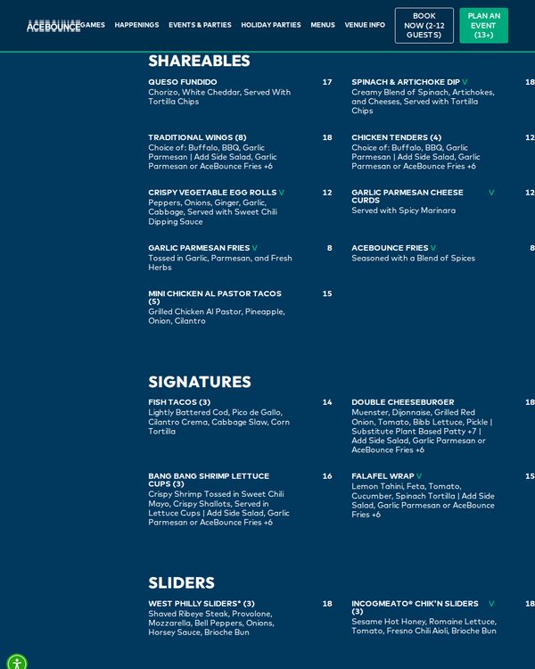 The top of the menu at AceBounce