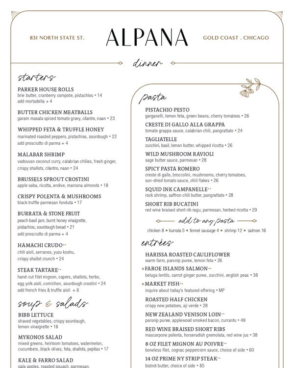 The first page of the menu at Alpana