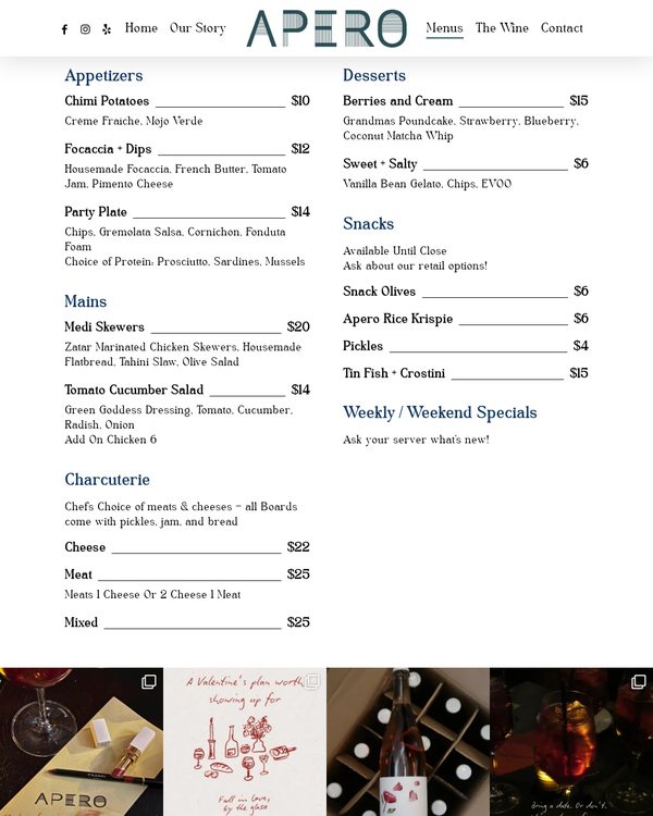 The top of the menu at Apero