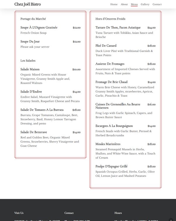 The top of the menu at Chez Joel
