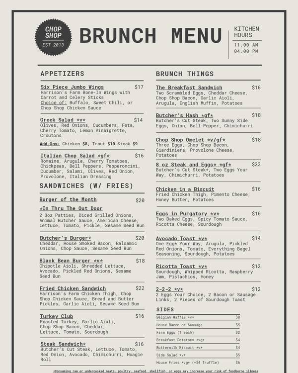 The first page of the menu at Chop Shop