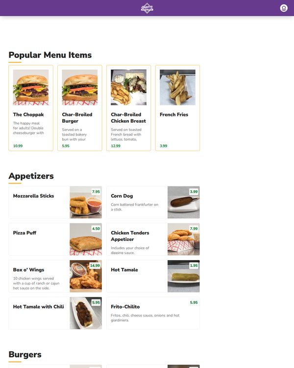 The top of the menu at Choppers