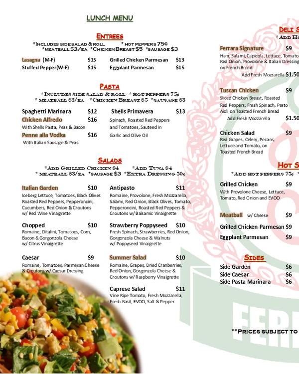 The first page of the menu at Ferrara Bakery